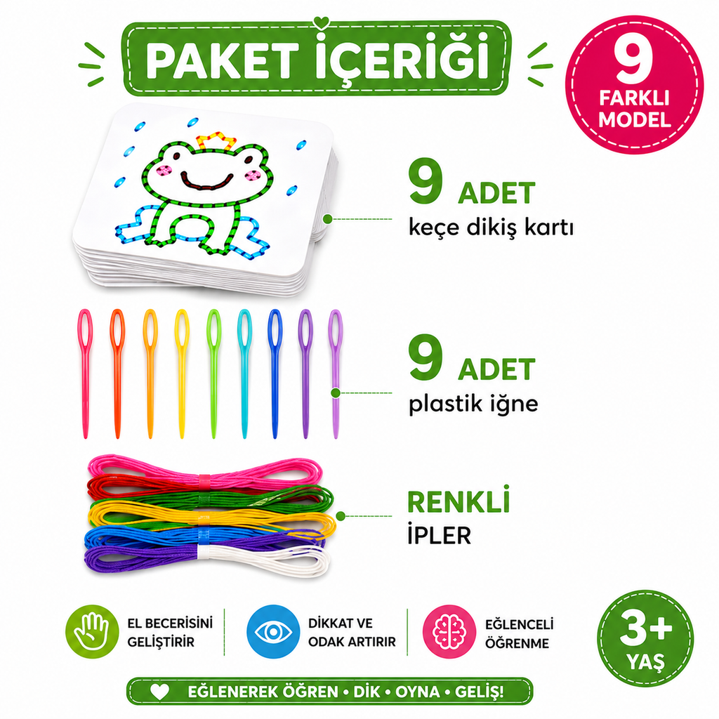 Eğitici Keçe Dikiş Kartı Seti 9’lu – Çocuklar İçin El Becerisi Geliştirici Dikiş Oyunu (3+ Yaş)