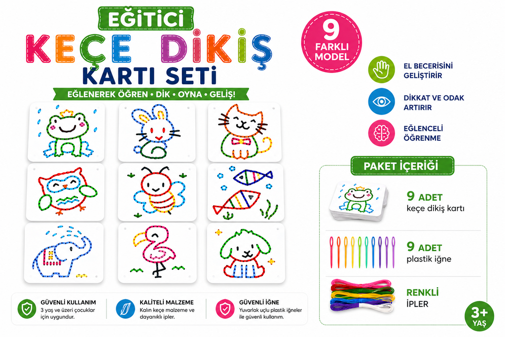 Eğitici Keçe Dikiş Kartı Seti 9’lu – Çocuklar İçin El Becerisi Geliştirici Dikiş Oyunu (3+ Yaş)