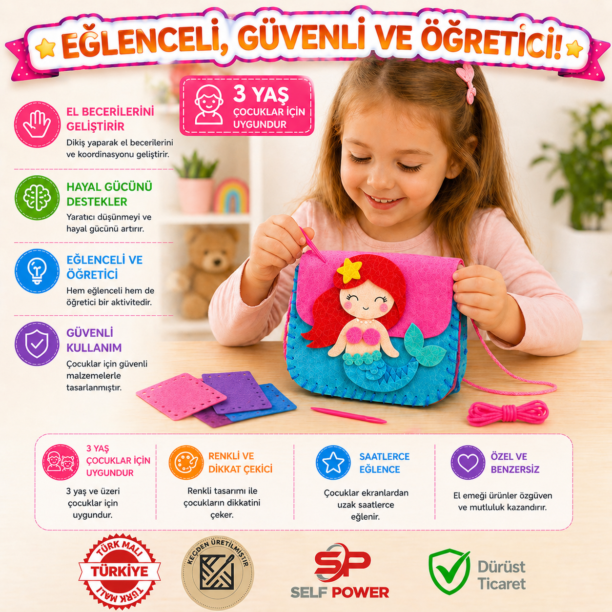 3-lü Eğitici Keçe Dikiş Çanta Seti  – Çocuklar İçin El Becerisi Geliştirici DIY Çanta Yapım Kiti (20x15 cm)