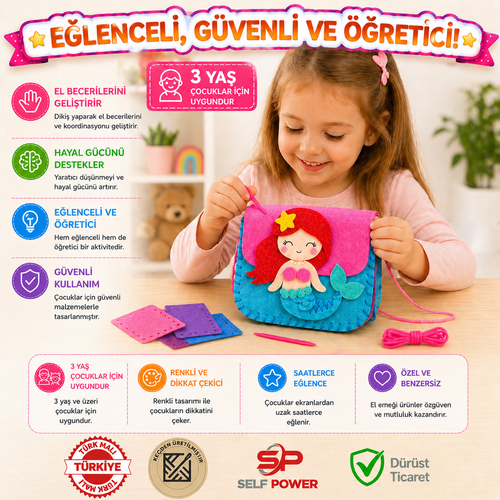 3-lü Eğitici Keçe Dikiş Çanta Seti  – Çocuklar İçin El Becerisi Geliştirici DIY Çanta Yapım Kiti (20x15 cm)