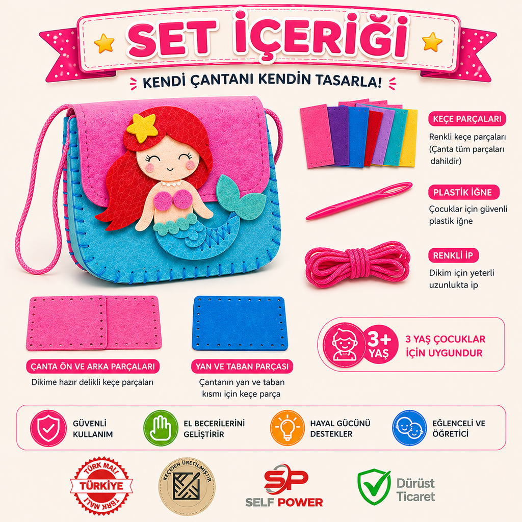 3-lü Eğitici Keçe Dikiş Çanta Seti  – Çocuklar İçin El Becerisi Geliştirici DIY Çanta Yapım Kiti (20x15 cm)