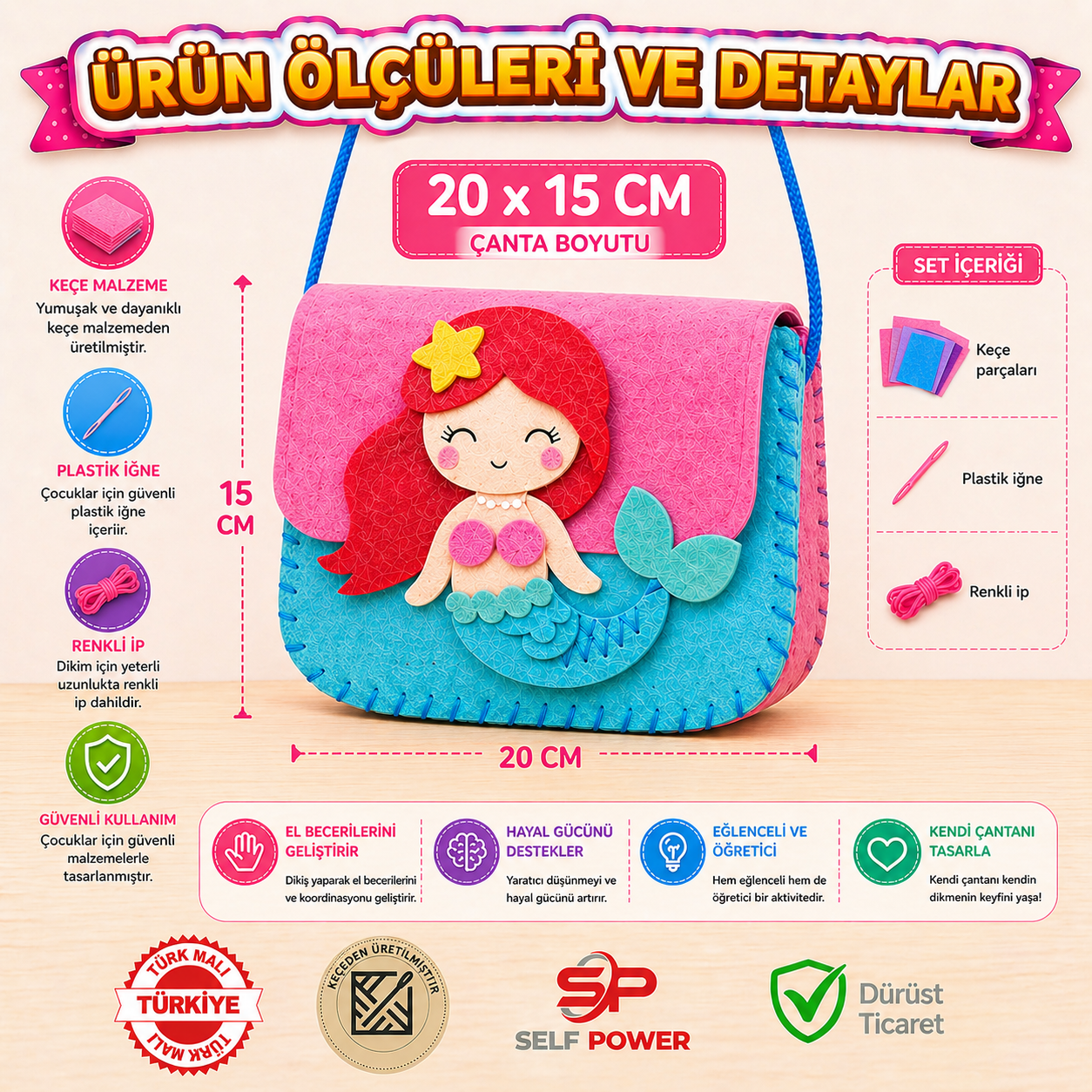 3-lü Eğitici Keçe Dikiş Çanta Seti  – Çocuklar İçin El Becerisi Geliştirici DIY Çanta Yapım Kiti (20x15 cm)