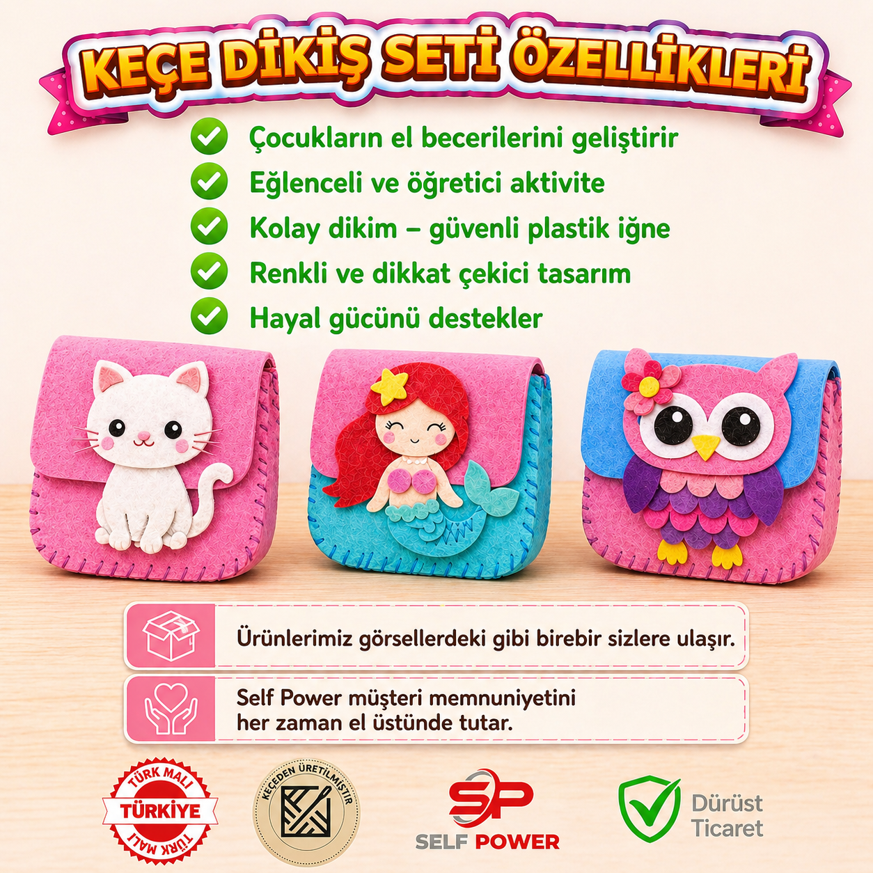 3-lü Eğitici Keçe Dikiş Çanta Seti  – Çocuklar İçin El Becerisi Geliştirici DIY Çanta Yapım Kiti (20x15 cm)
