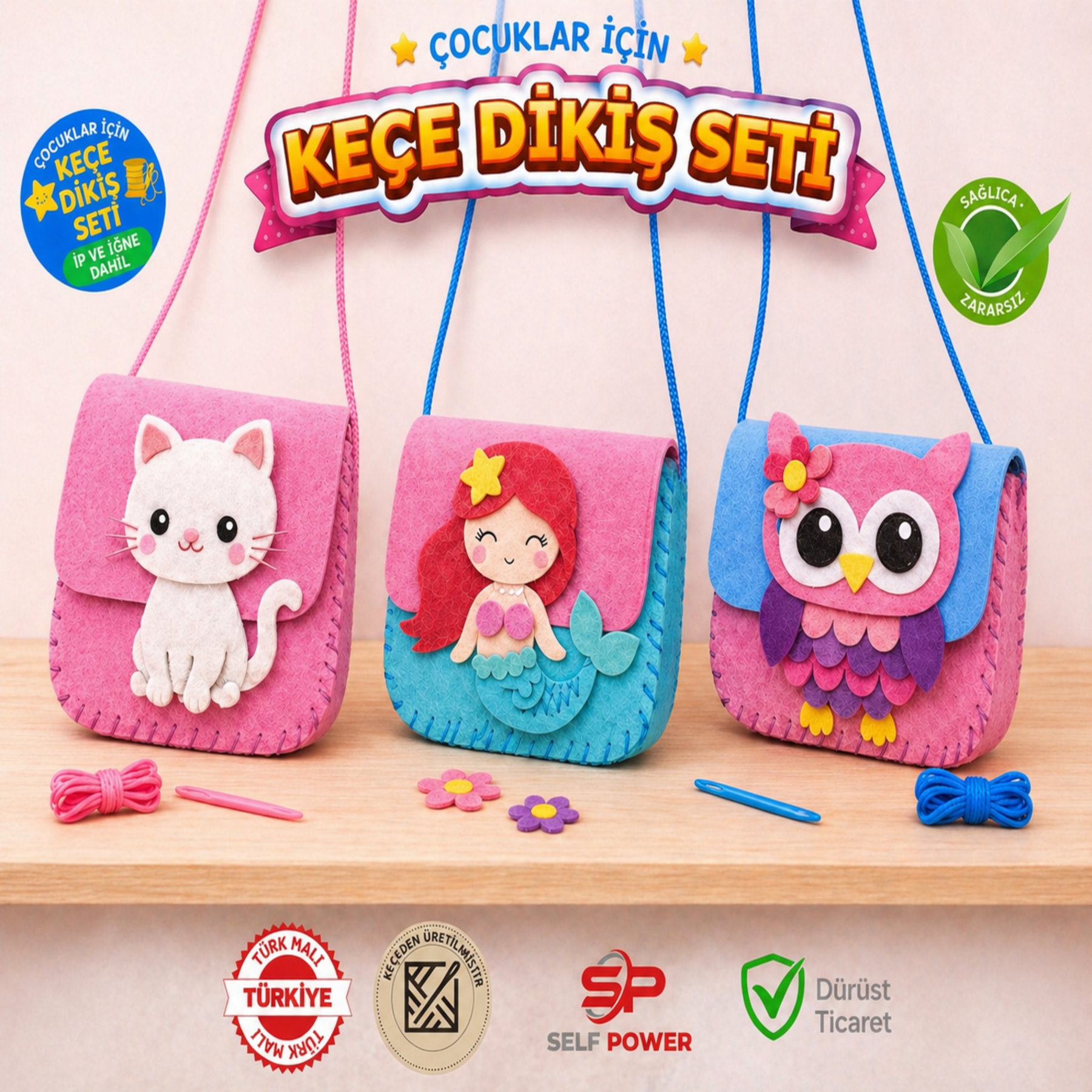 3-lü Eğitici Keçe Dikiş Çanta Seti  – Çocuklar İçin El Becerisi Geliştirici DIY Çanta Yapım Kiti (20x15 cm)