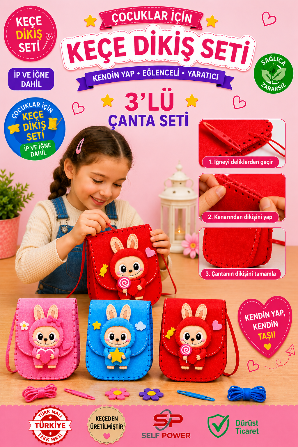 3 Adet Yaz için mükemmel Eğici Keçe Çanta dikiş Kiti