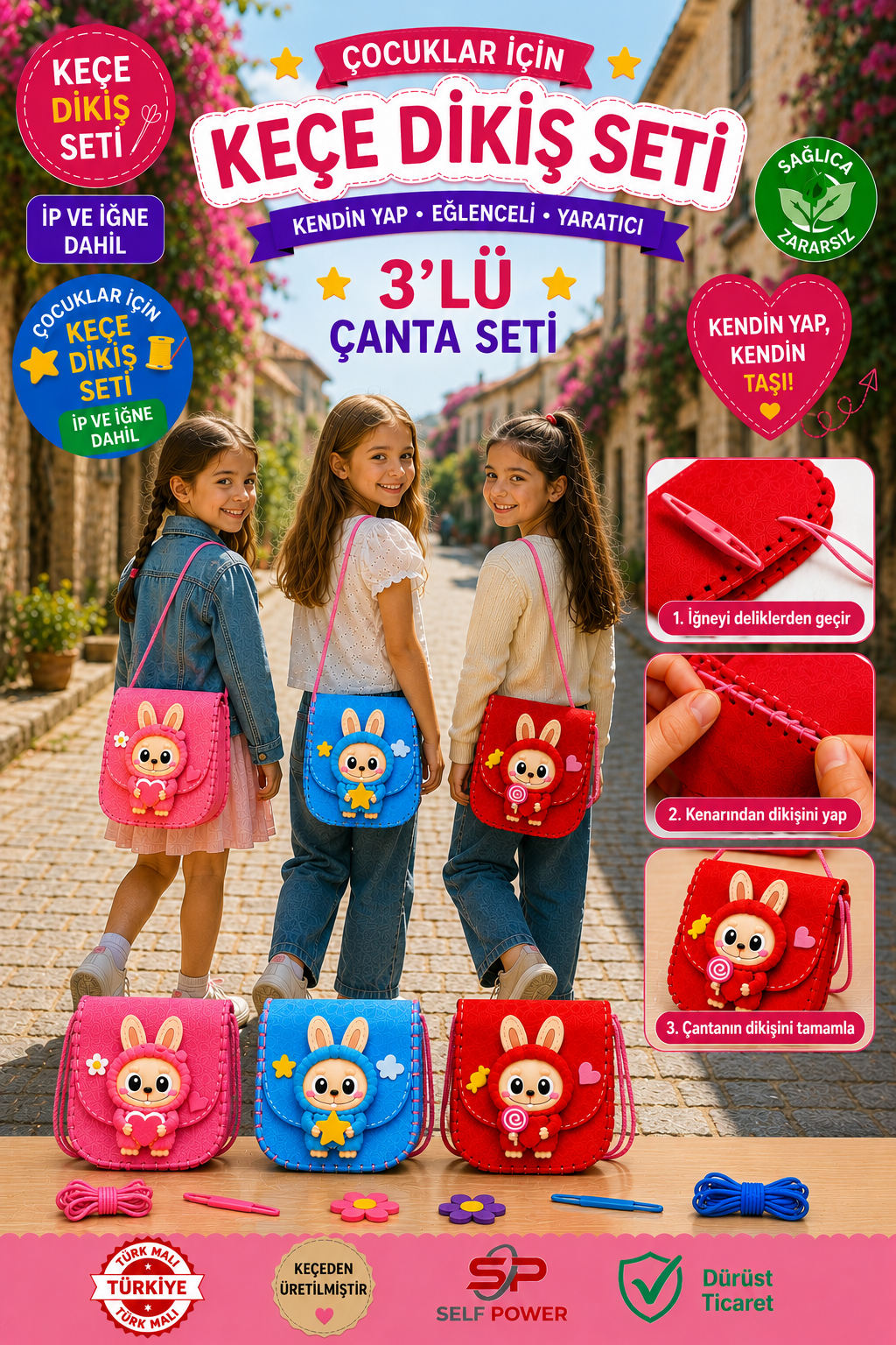 3 Adet Yaz için mükemmel Eğici Keçe Çanta dikiş Kiti