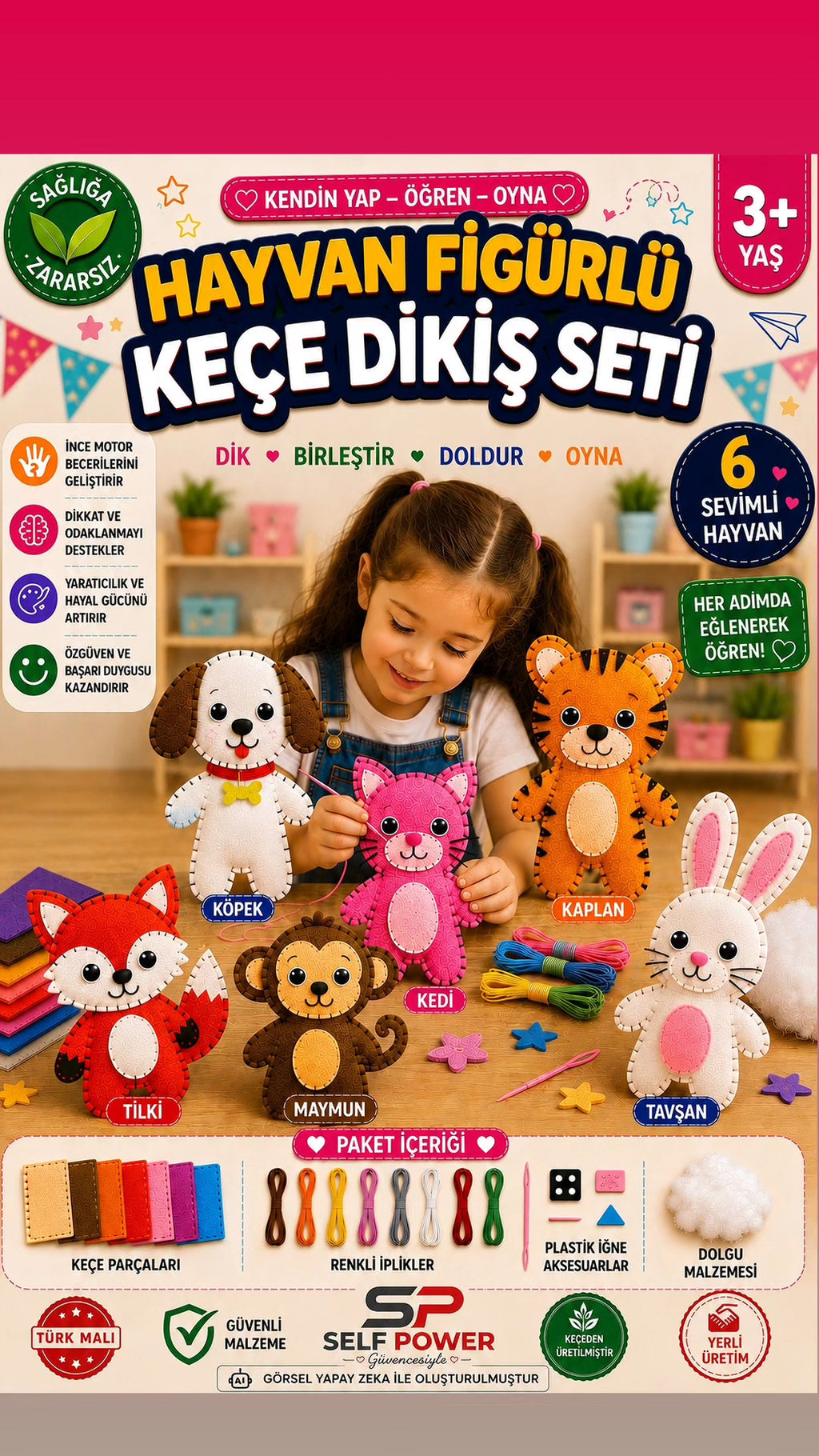 6’lı Hayvan Figürlü Keçe Dikiş Seti – Çocuklar İçin Eğitici Dikiş, El Becerisi ve Hobi Aktivite Seti