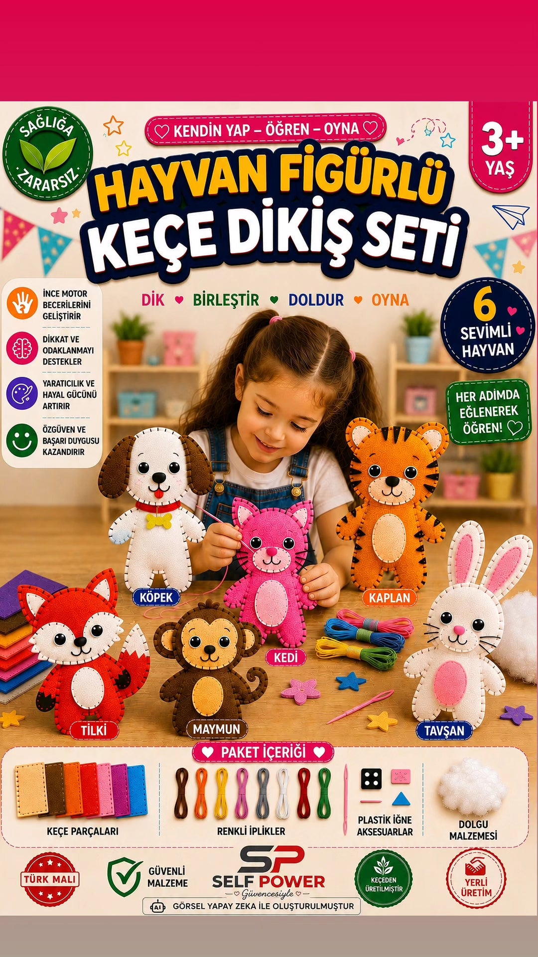 6’lı Hayvan Figürlü Keçe Dikiş Seti – Çocuklar İçin Eğitici Dikiş, El Becerisi ve Hobi Aktivite Seti